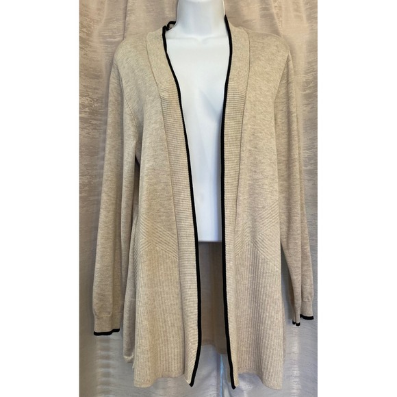 Seven Manor Womens XL Cardigan Sweater Open Front Duster Beige Black Trim - Picture 1 of 13